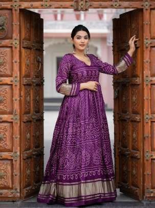 Superb Tranding Wine Bandhej Printed Pure Gajji Silk Gown