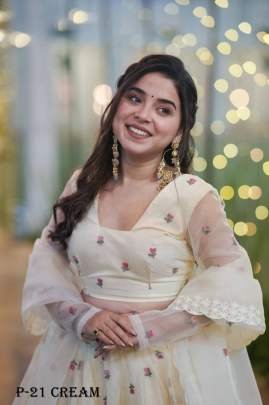 Tabby Organza Cream Lotus Lehenga Choli With Dupatta