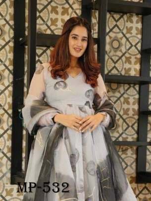 Tebby Organza Floral Print Anarkali Dress And Dupatta