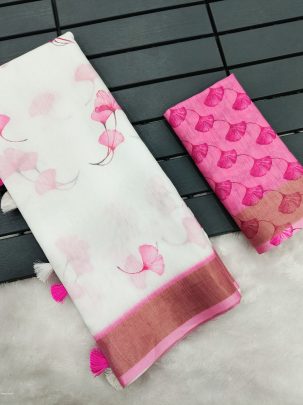 Tapasya Pink Heavy Digital Printed Linen Saree