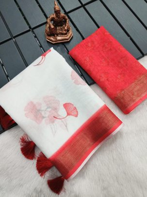 Tapasya Red Heavy Digital Printed Linen Saree