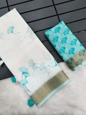 Tapasya Teal Heavy Digital Printed Linen Saree