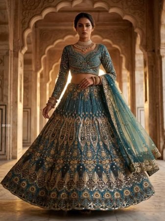 Teal Blue Butterfly Net Lehenga Choli With Sequence Work For Bride 