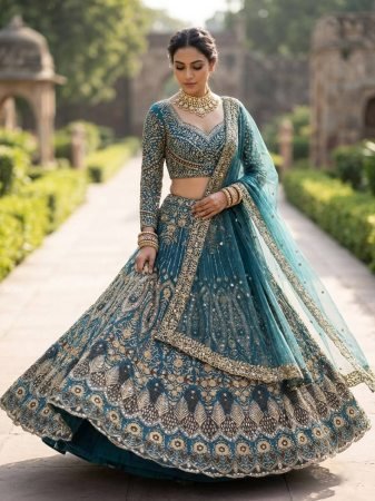 Teal Blue Butterfly Net Lehenga Choli With Sequence Work For Bride