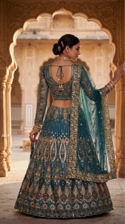 Teal Blue Butterfly Net Lehenga Choli With Sequence Work For Bride