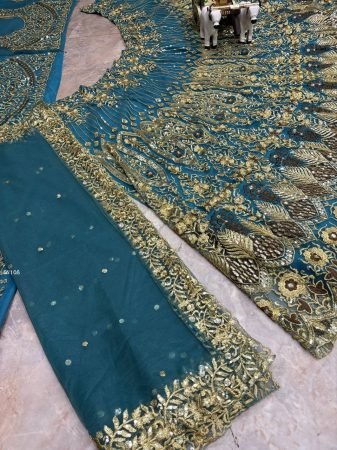 Teal Blue Butterfly Net Lehenga Choli With Sequence Work For Bride