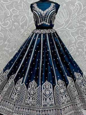 Teal Blue Colour Silk Fabric Moti Handwork Wedding Lehenga