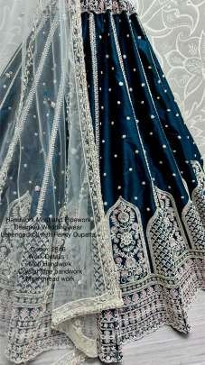 Teal Blue Colour Silk Fabric Moti Handwork Wedding Lehenga
