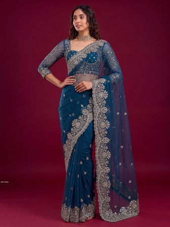 Teal Blue Designer Saree With Heavy Embroidered Border  