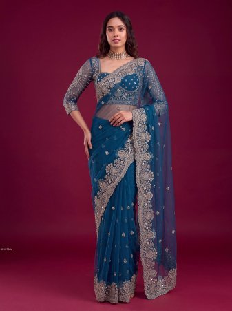 Teal Blue Designer Saree With Heavy Embroidered Border