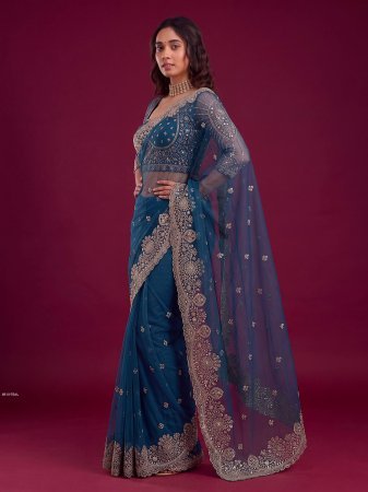Teal Blue Designer Saree With Heavy Embroidered Border