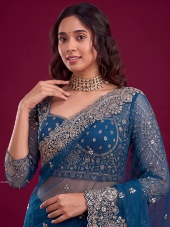 Teal Blue Designer Saree With Heavy Embroidered Border