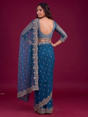 Teal Blue Designer Saree With Heavy Embroidered Border