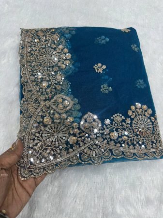 Teal Blue Designer Saree With Heavy Embroidered Border