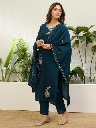 Teal Blue Readymade Roman Silk Straight Kurta Pant Set