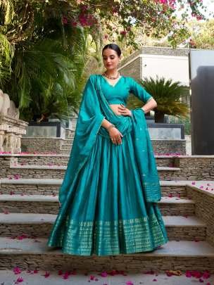  Teal Blue Traditional Chanderi Fully Stitched Lehenga Set