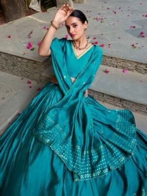 Teal Blue Traditional Chanderi Fully Stitched Lehenga Set
