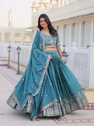 Teal Exclusive Designer Embroidery Work Pure Chinon Lehenga Choli