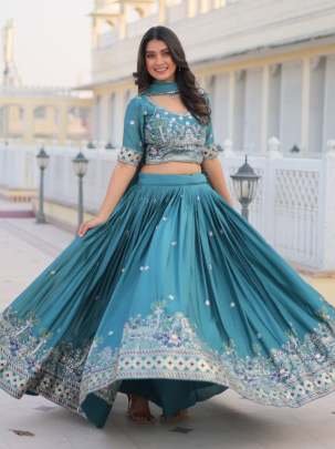 Teal Exclusive Designer Embroidery Work Pure Chinon Lehenga Choli