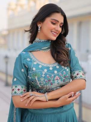 Teal Exclusive Designer Embroidery Work Pure Chinon Lehenga Choli