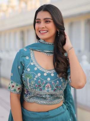 Teal Exclusive Designer Embroidery Work Pure Chinon Lehenga Choli