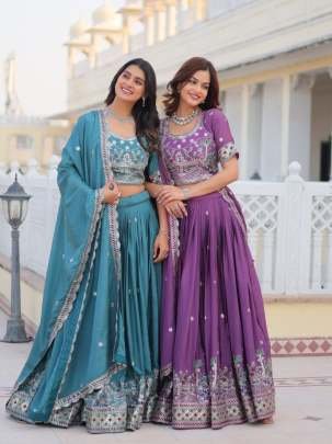 Teal Exclusive Designer Embroidery Work Pure Chinon Lehenga Choli