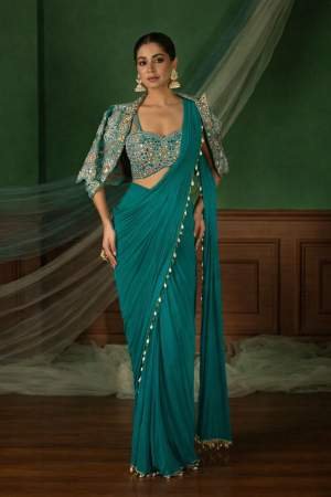 Graceful Teal Green Saree with Designer Jacket Traditional Look