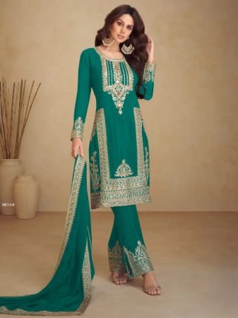  Teal Green Gulkayra Chinon Multi Embroidery Silk Suit Set 