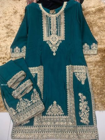 Teal Green Gulkayra Chinon Multi Embroidery Silk Suit Set