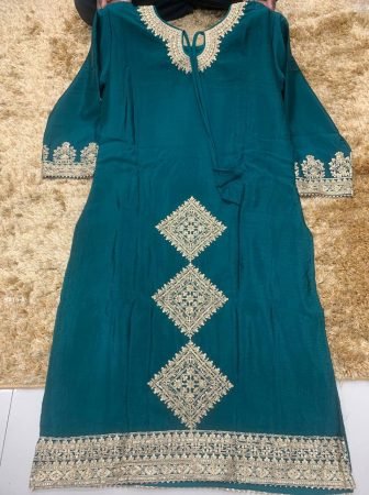 Teal Green Gulkayra Chinon Multi Embroidery Silk Suit Set
