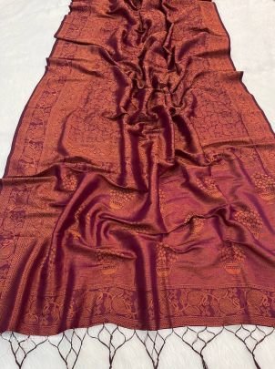 Brown Almari Pure Banarasi Silk Saree With Demure Blouse Piece