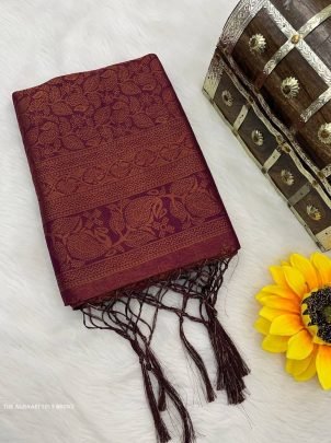 Brown Almari Pure Banarasi Silk Saree With Demure Blouse Piece