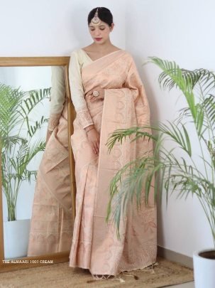 Almaari 1007 Cream Pure Banarasi Silk Saree With Demure Blouse Piece