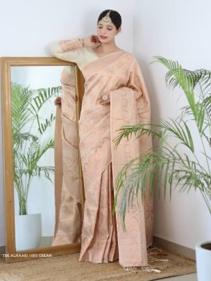 Almaari 1007 Cream Pure Banarasi Silk Saree With Demure Blouse Piece