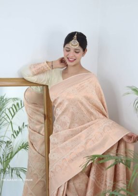Almaari 1007 Cream Pure Banarasi Silk Saree With Demure Blouse Piece
