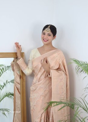 Almaari 1007 Cream Pure Banarasi Silk Saree With Demure Blouse Piece