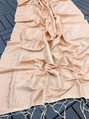 Almaari 1007 Cream Pure Banarasi Silk Saree With Demure Blouse Piece