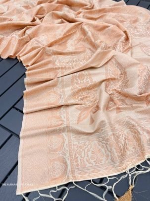 Almaari 1007 Cream Pure Banarasi Silk Saree With Demure Blouse Piece