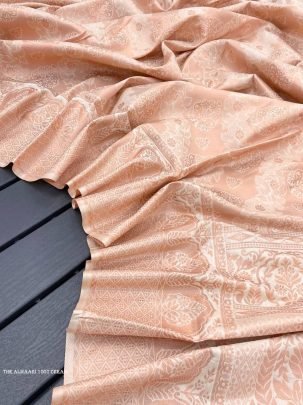 Almaari 1007 Cream Pure Banarasi Silk Saree With Demure Blouse Piece