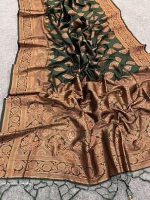 The Almaari 1016 Green Pure Banarasi Silk Saree With Demure Blouse Piece