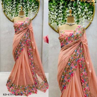 Tussar Silk Peach Sequence With Pearl Work Saree