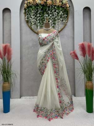 Tussar Silk White Sequence With Pearl Work Saree