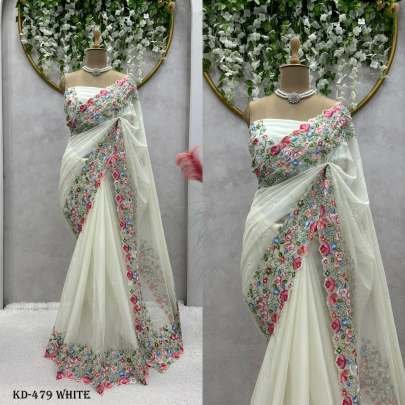 Tussar Silk White Sequence With Pearl Work Saree