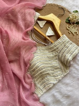 Timeless Beauty in Peach and White Designer Pearl Work Saree Set