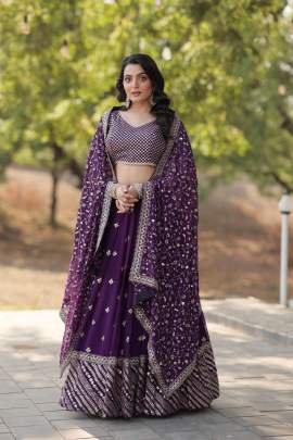 TimeLess Beauty Purple Sequins   Thread Embroidered Work Lehenga Choli Dupatta Set