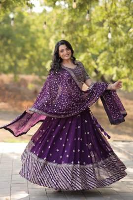 TimeLess Beauty Purple Sequins   Thread Embroidered Work Lehenga Choli Dupatta Set