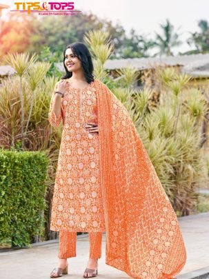 Tips and Tops Present Summer Fashion Cotton Printed 3pcs Kurti set