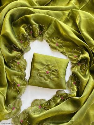 Tissue Organza handcrafted work Olive Green Saree