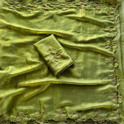 Tissue Organza handcrafted work Olive Green Saree