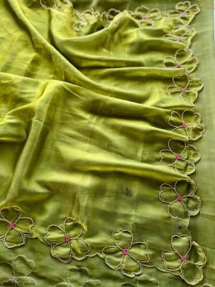 Tissue Organza handcrafted work Olive Green Saree